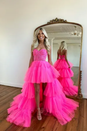 Elegant Rose Prom Dress With Sleeveless Gown and Tulle Train