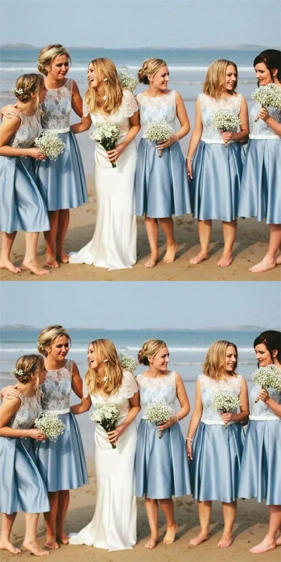 Elegant Round Neck Sky Blue Short Cheap Satin Bridesmaid Dresses with Lace, QB0169
