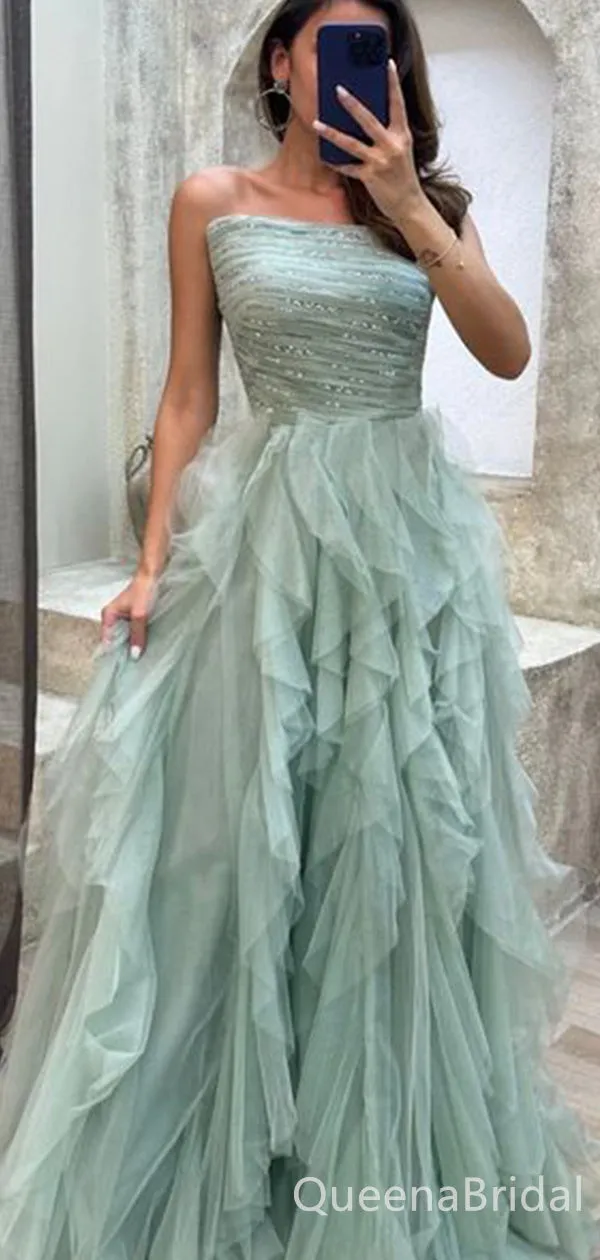 Elegant Sexy Strapless Ruffles Evening Gown Long Prom Dresses ,WGP642
