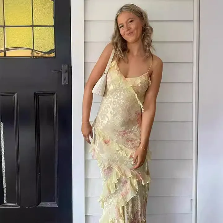 Elegant Spaghetti Strap Low Cut   Maxi Dress