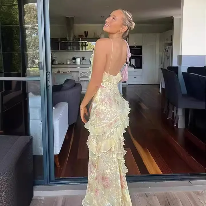 Elegant Spaghetti Strap Low Cut   Maxi Dress