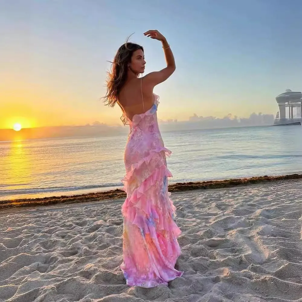 Elegant Spaghetti Strap Low Cut   Maxi Dress