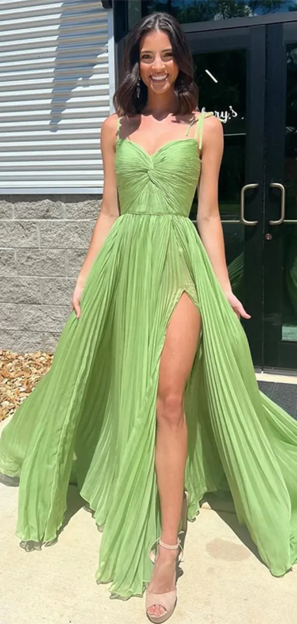 Elegant Spaghetti Strap Sleeveless A-line Long Prom Dresses With Front Slit For Party Online, OL343