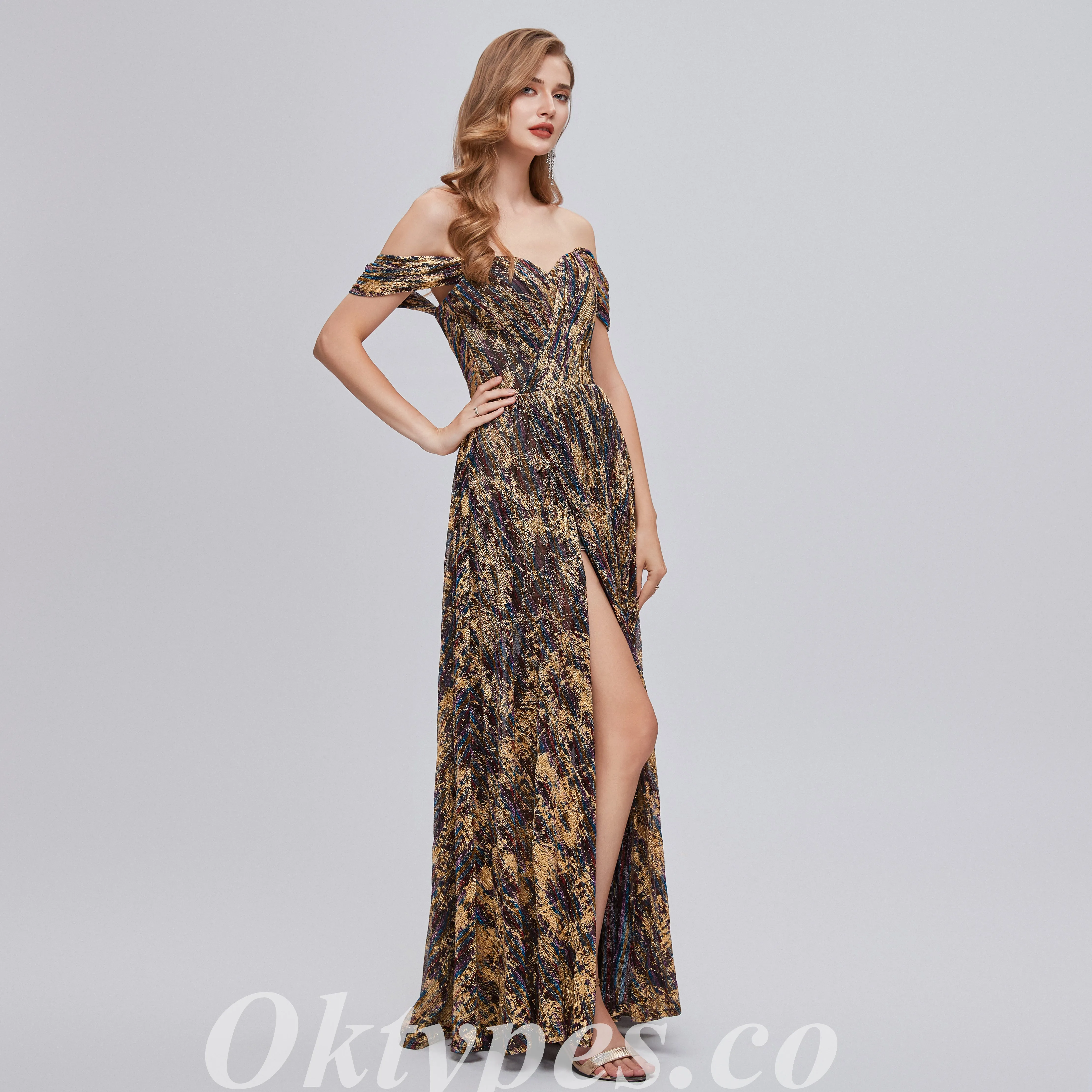 Elegant Special Fabric Off Shoulder V-neck Sheath Side Slit Long Prom Dresses,PDS0468