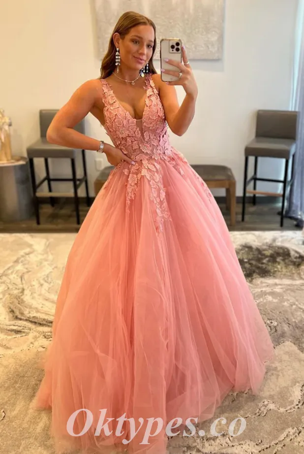Elegant Tulle Spaghetti Straps V-Neck Sleeveless A-Line Long Prom Dresses With Applique And Beading,PDS0661
