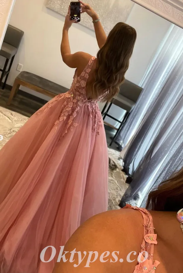 Elegant Tulle Spaghetti Straps V-Neck Sleeveless A-Line Long Prom Dresses With Applique And Beading,PDS0661