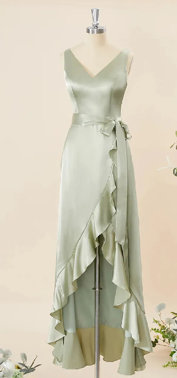 Elegant V-neck Sleeveless A-line Asymmetric Sage Satin Bridesmaid Dresses Online, BG588