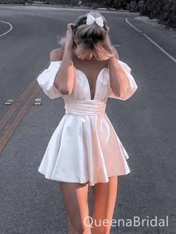Elegant White Off Shoulder Ruffle V Neck Short Homecoming Dresses, QB0368