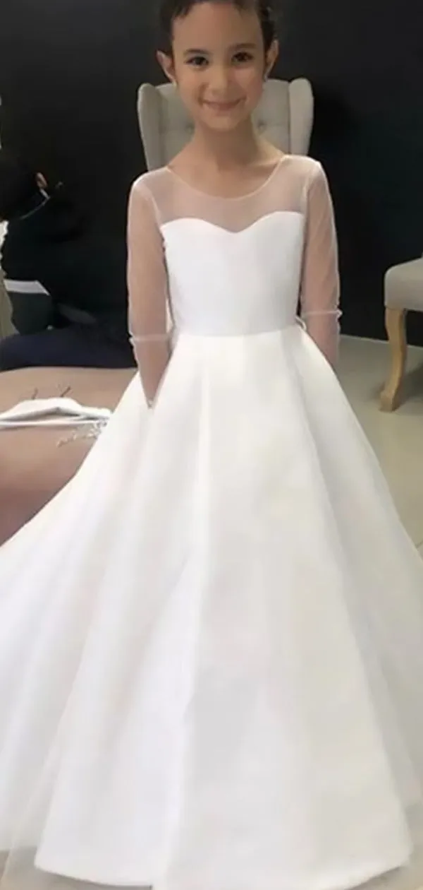 Elegant White Tulle Satin A- Line Cheap Simple Long Flower Girl Dresses, FGS0036