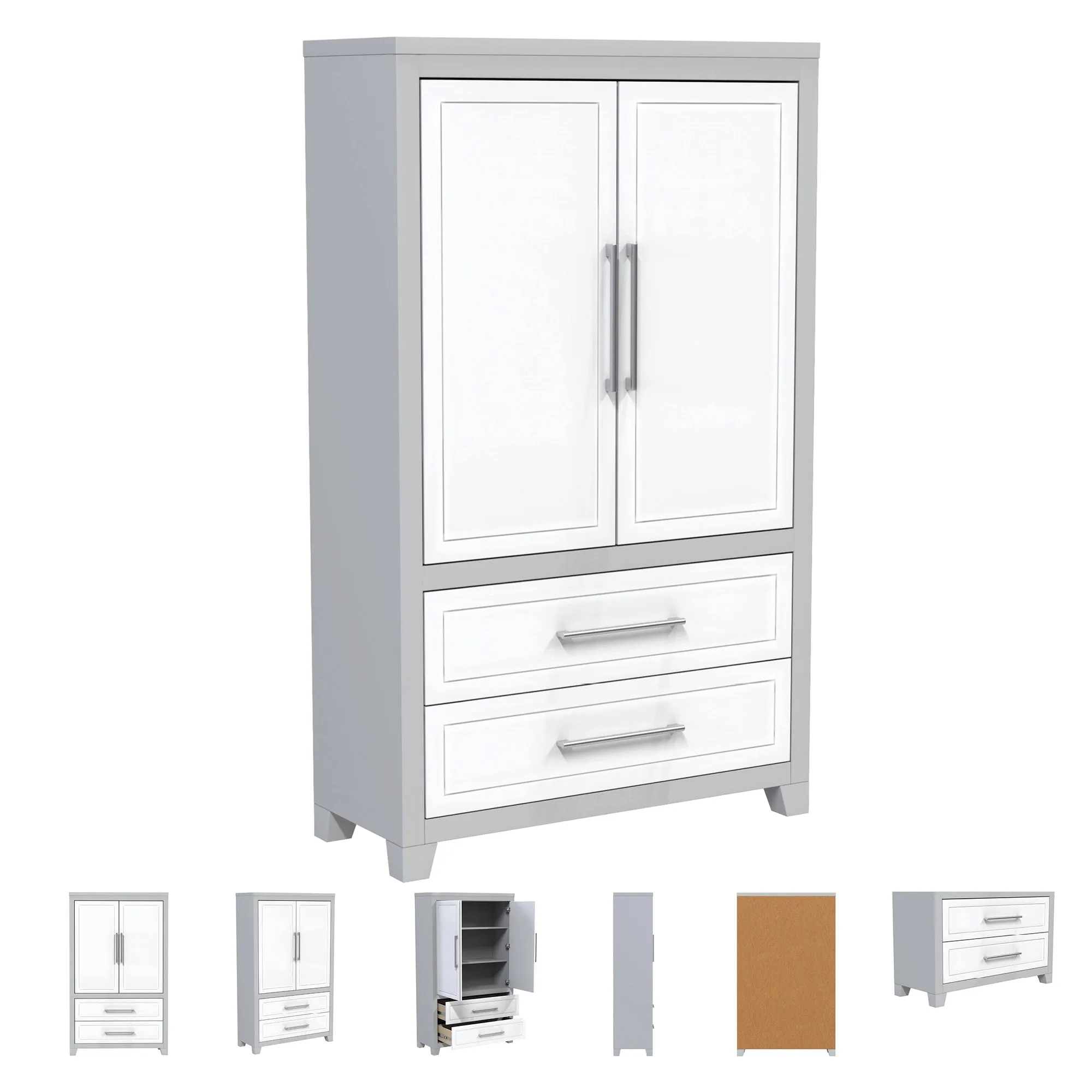 emma armoire storage organizer - shelves with 2 drawers home decor, grey & white