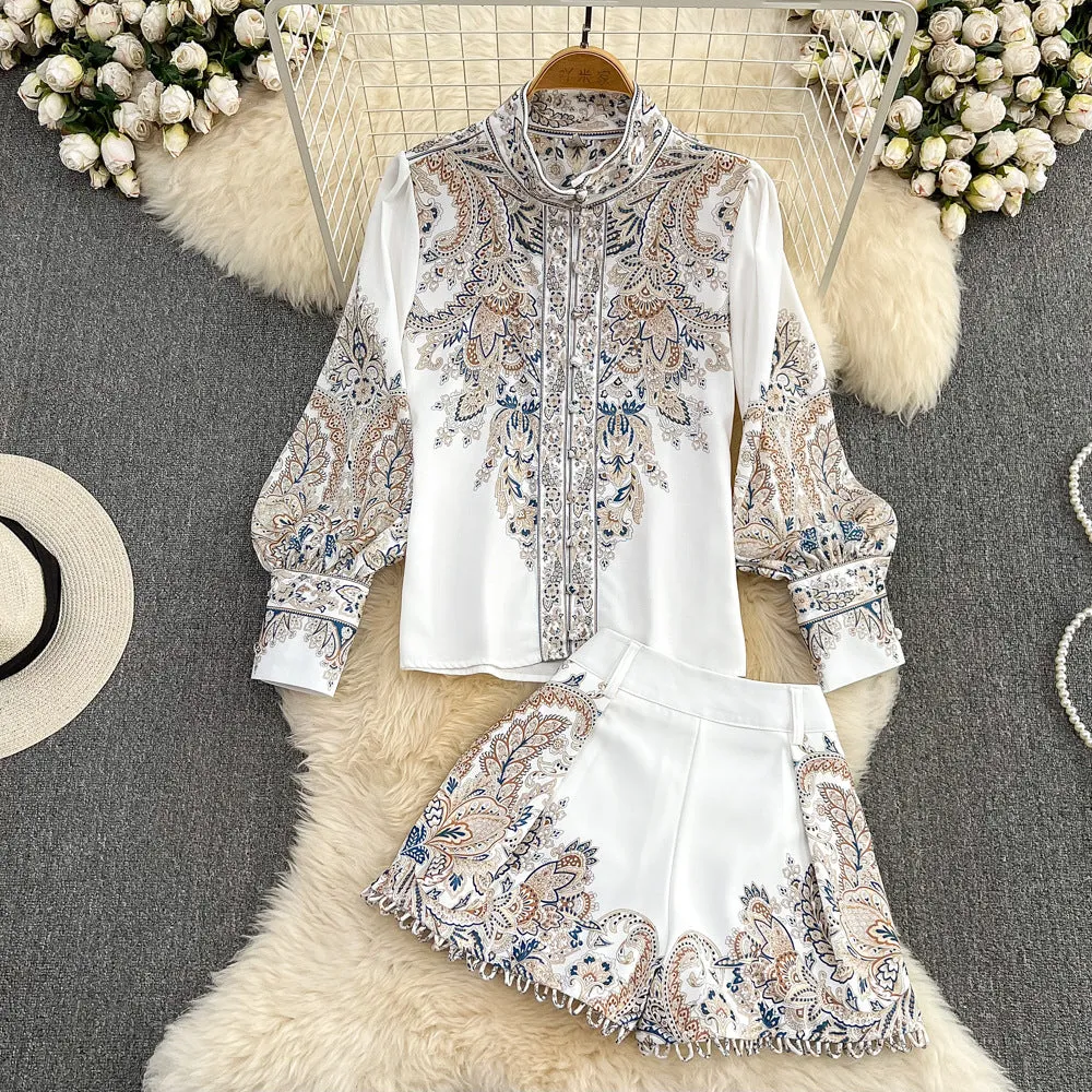 Fashion Suit Women's Retro Elegant Bubble Long Sleeve Printed Single-Breasted Shirt Two-Piece High Waist Wide Leg Shorts Autumn