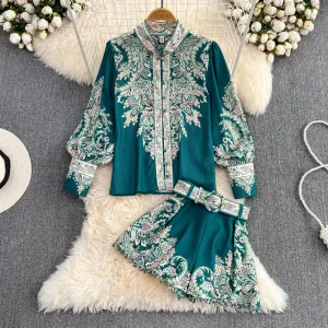 Fashion Suit Women's Retro Elegant Bubble Long Sleeve Printed Single-Breasted Shirt Two-Piece High Waist Wide Leg Shorts Autumn