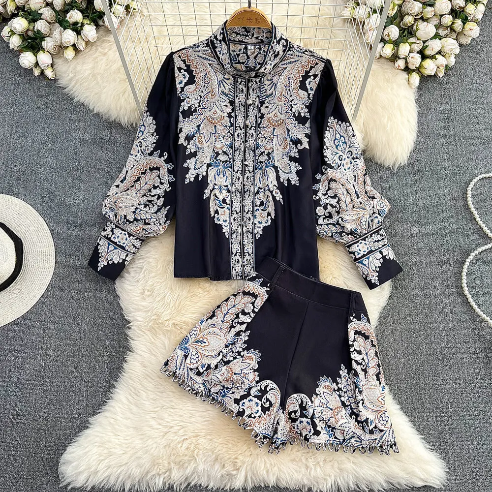 Fashion Suit Women's Retro Elegant Bubble Long Sleeve Printed Single-Breasted Shirt Two-Piece High Waist Wide Leg Shorts Autumn