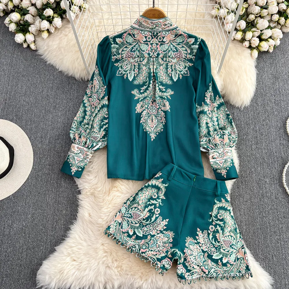 Fashion Suit Women's Retro Elegant Bubble Long Sleeve Printed Single-Breasted Shirt Two-Piece High Waist Wide Leg Shorts Autumn