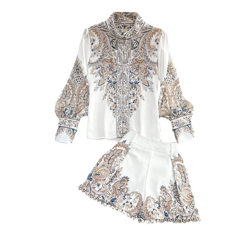 Fashion Suit Women's Retro Elegant Bubble Long Sleeve Printed Single-Breasted Shirt Two-Piece High Waist Wide Leg Shorts Autumn
