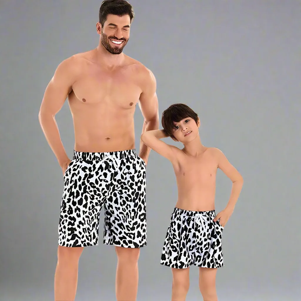 Father and Son Matching Swim Trunks - Bold Cow Print, Family Beachwear