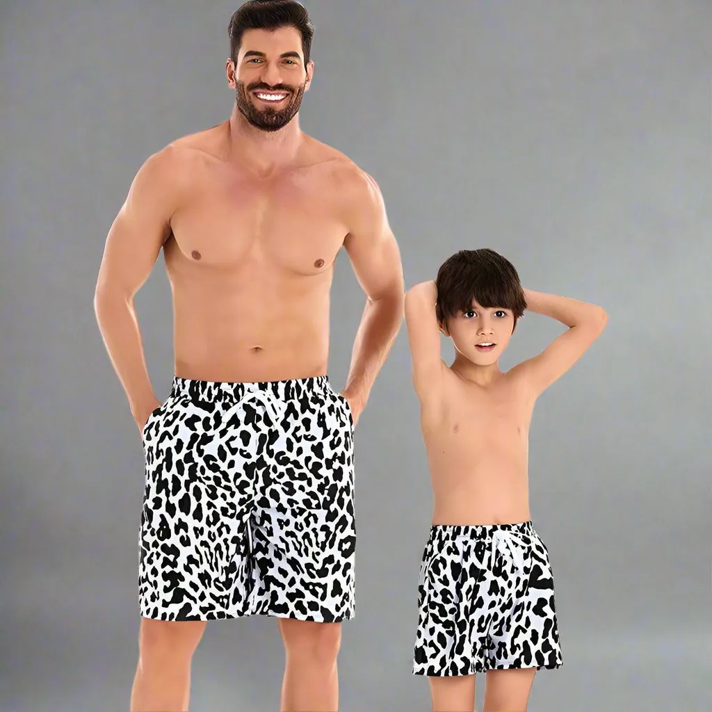 Father and Son Matching Swim Trunks - Bold Cow Print, Family Beachwear
