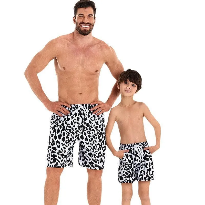 Father and Son Matching Swim Trunks - Bold Cow Print, Family Beachwear