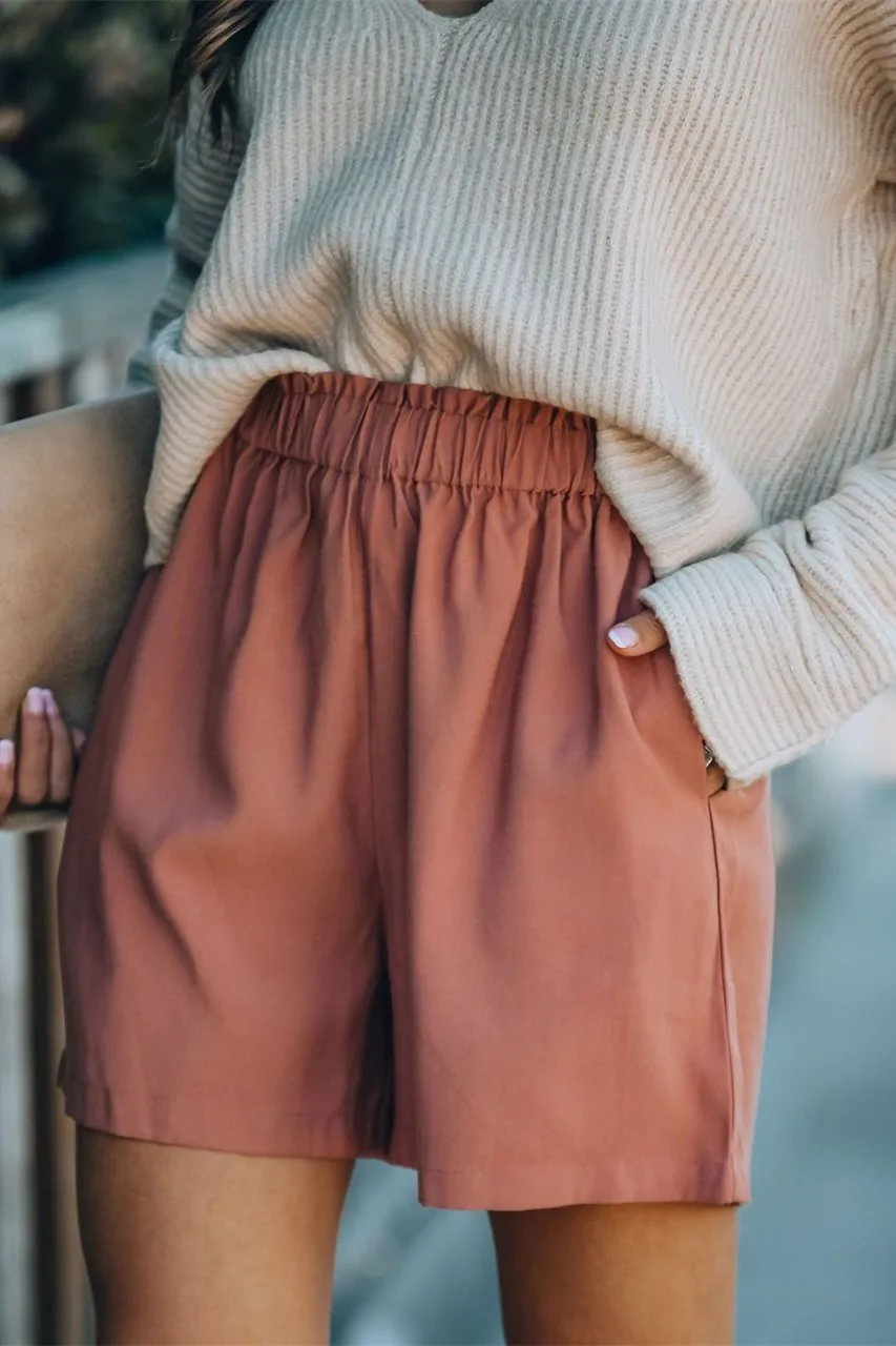 Feather Cotton Pocketed High Rise Shorts - Clay Red