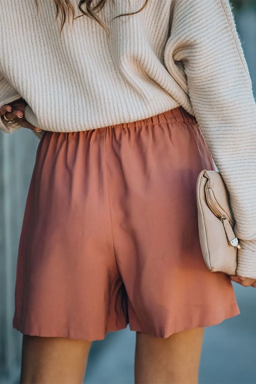 Feather Cotton Pocketed High Rise Shorts - Clay Red