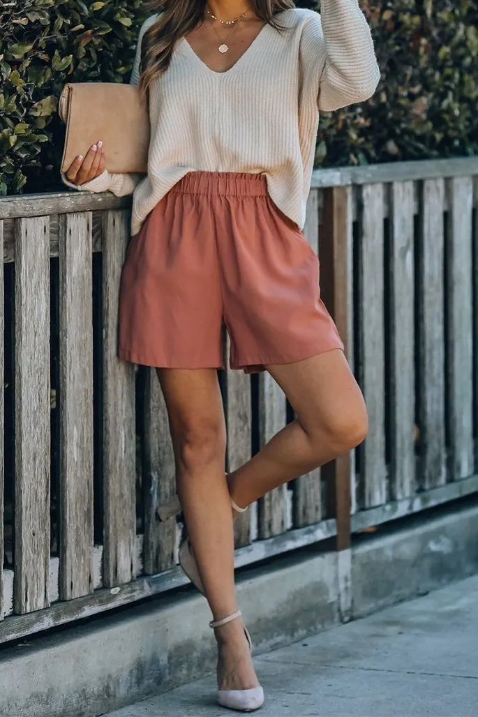 Feather Cotton Pocketed High Rise Shorts - Clay Red