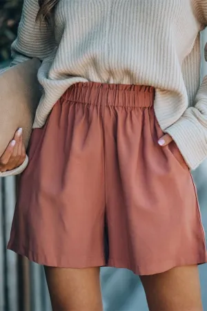 Feather Cotton Pocketed High Rise Shorts - Clay Red