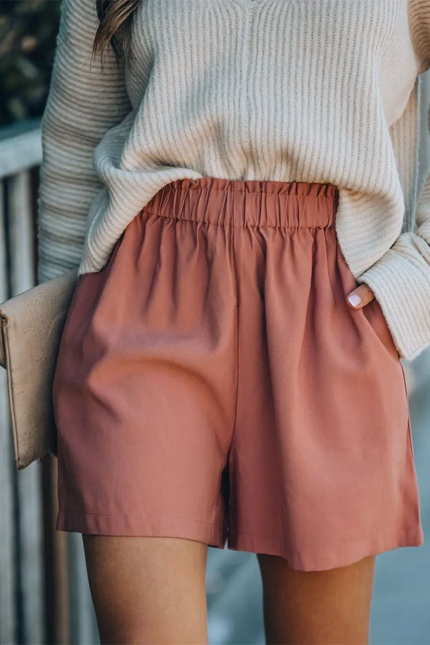 Feather Cotton Pocketed High Rise Shorts - Clay Red