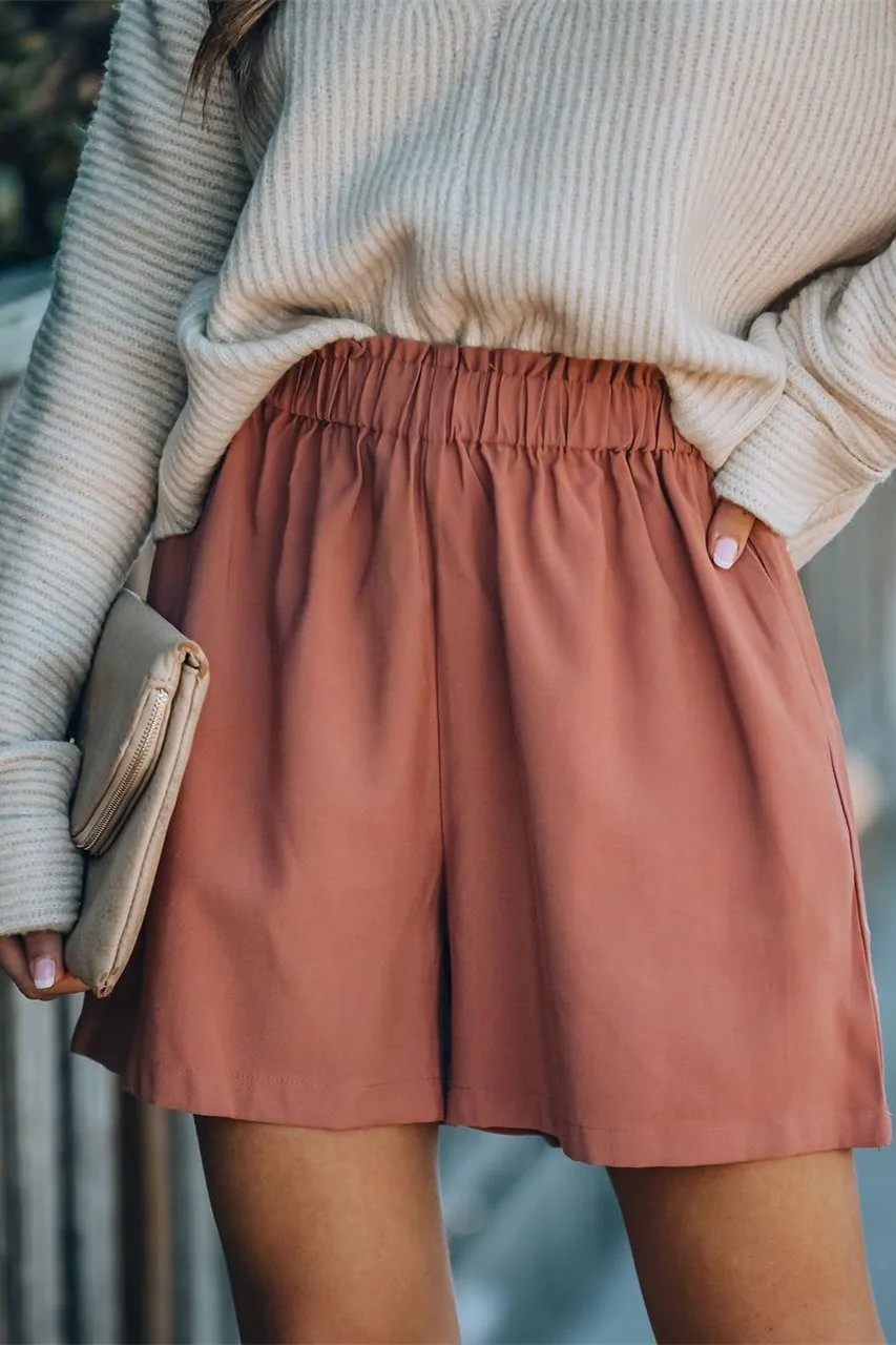 Feather Cotton Pocketed High Rise Shorts - Clay Red