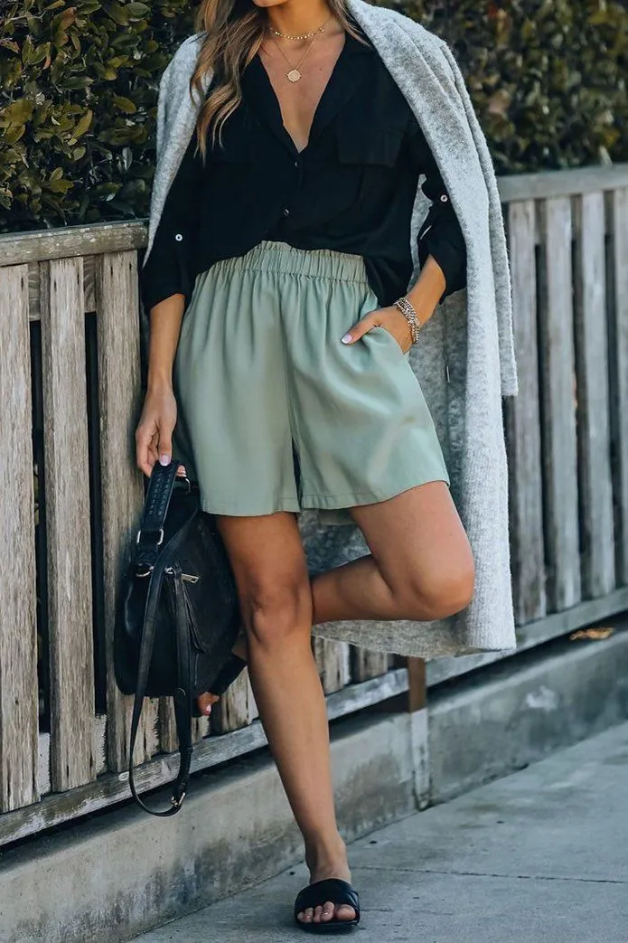 Feather Cotton Pocketed High Rise Shorts - Sage Green