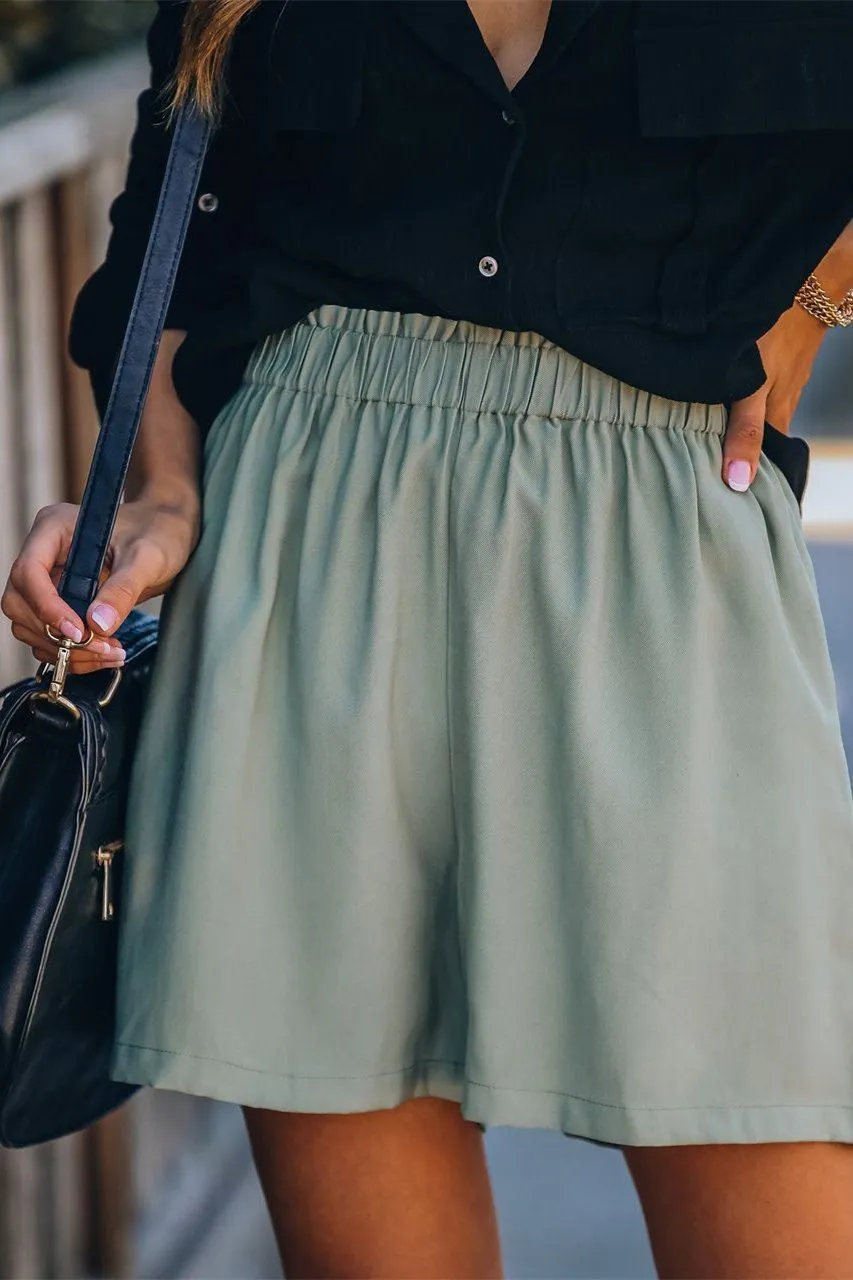 Feather Cotton Pocketed High Rise Shorts - Sage Green