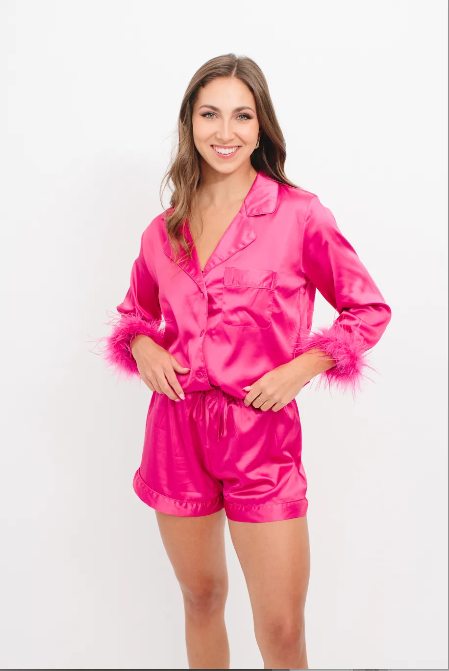 Feather Trim Long Sleeve with Shorts Pajama Set