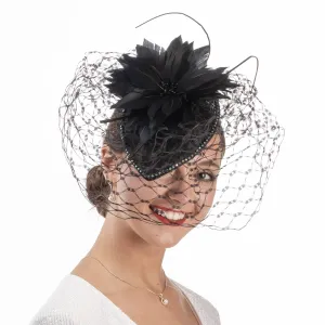 Feather, Veil, Stone Sinamay Fascinator Hair Comb: Black