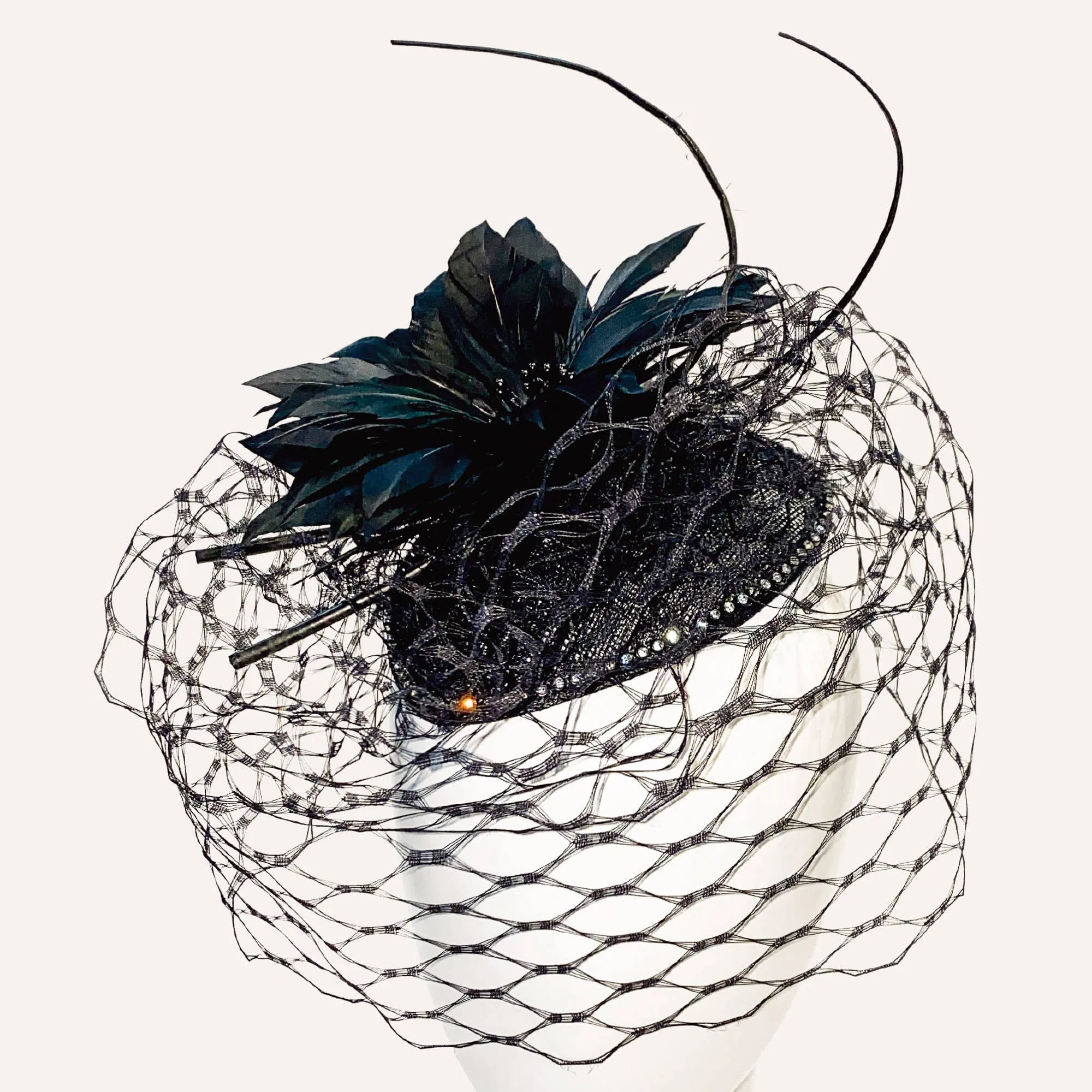 Feather, Veil, Stone Sinamay Fascinator Hair Comb: Black