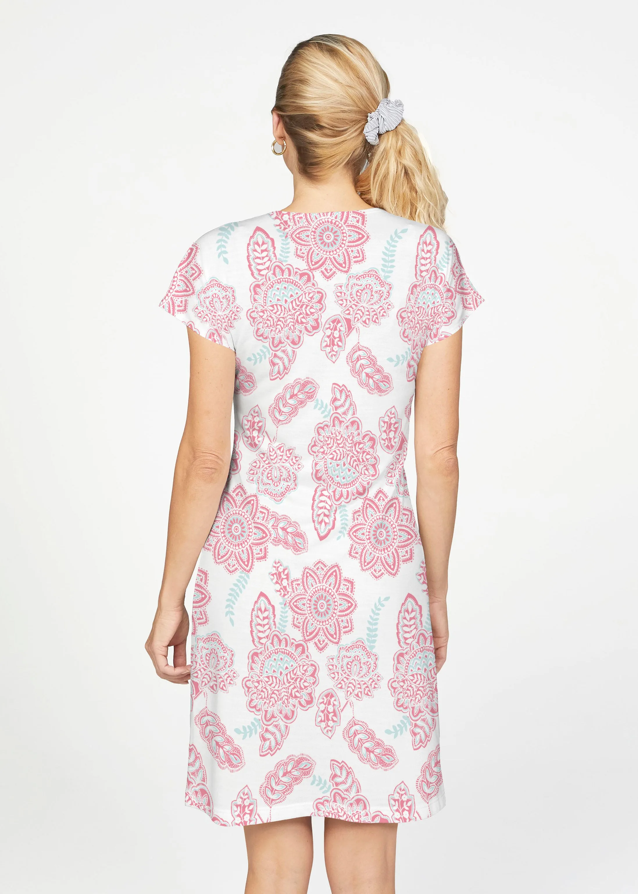 Floral Sunshine Pink (13543) ~ French Terry Short Sleeve Crew Dress