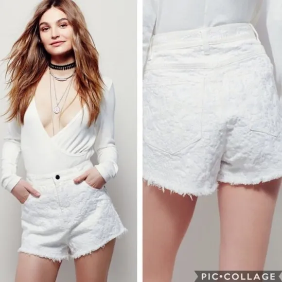 Free People White Embroidered High Waist Denim / Jean Shorts Size 29