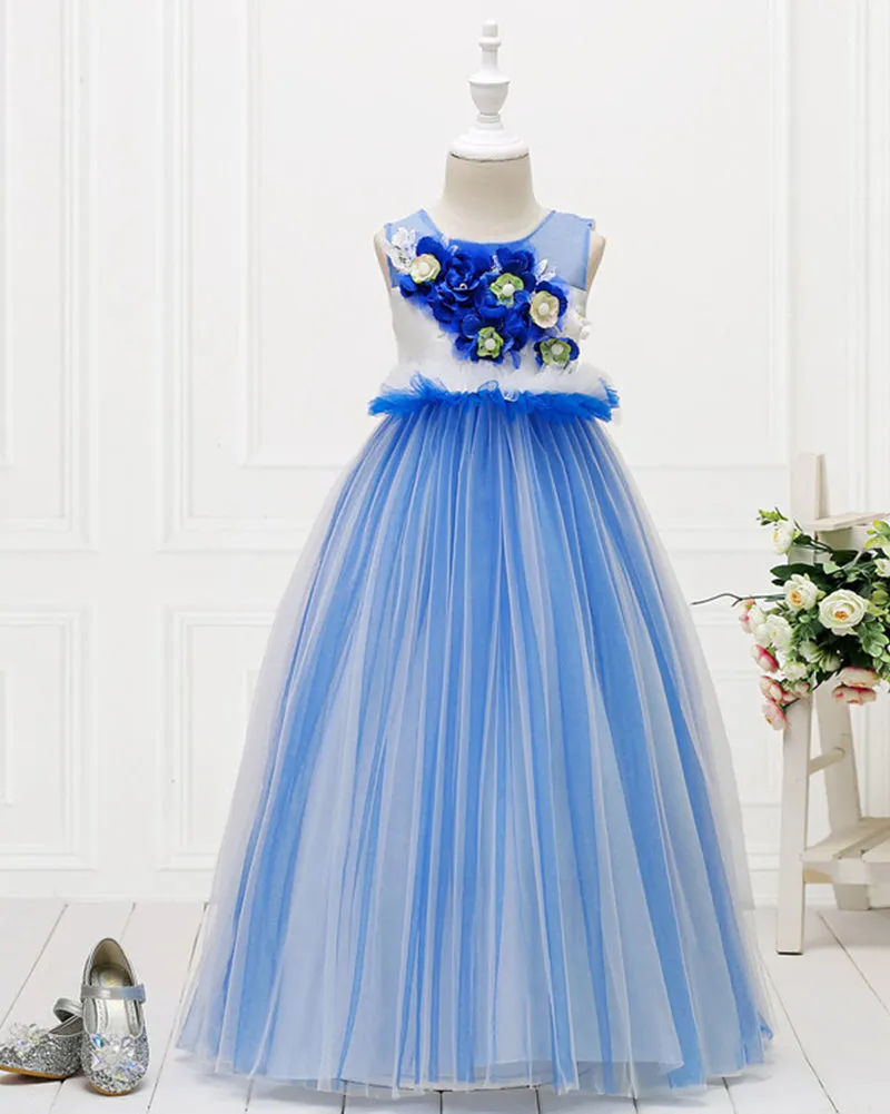 Girls Sleeveless Mesh 3D Flower Girl Dress Long-style