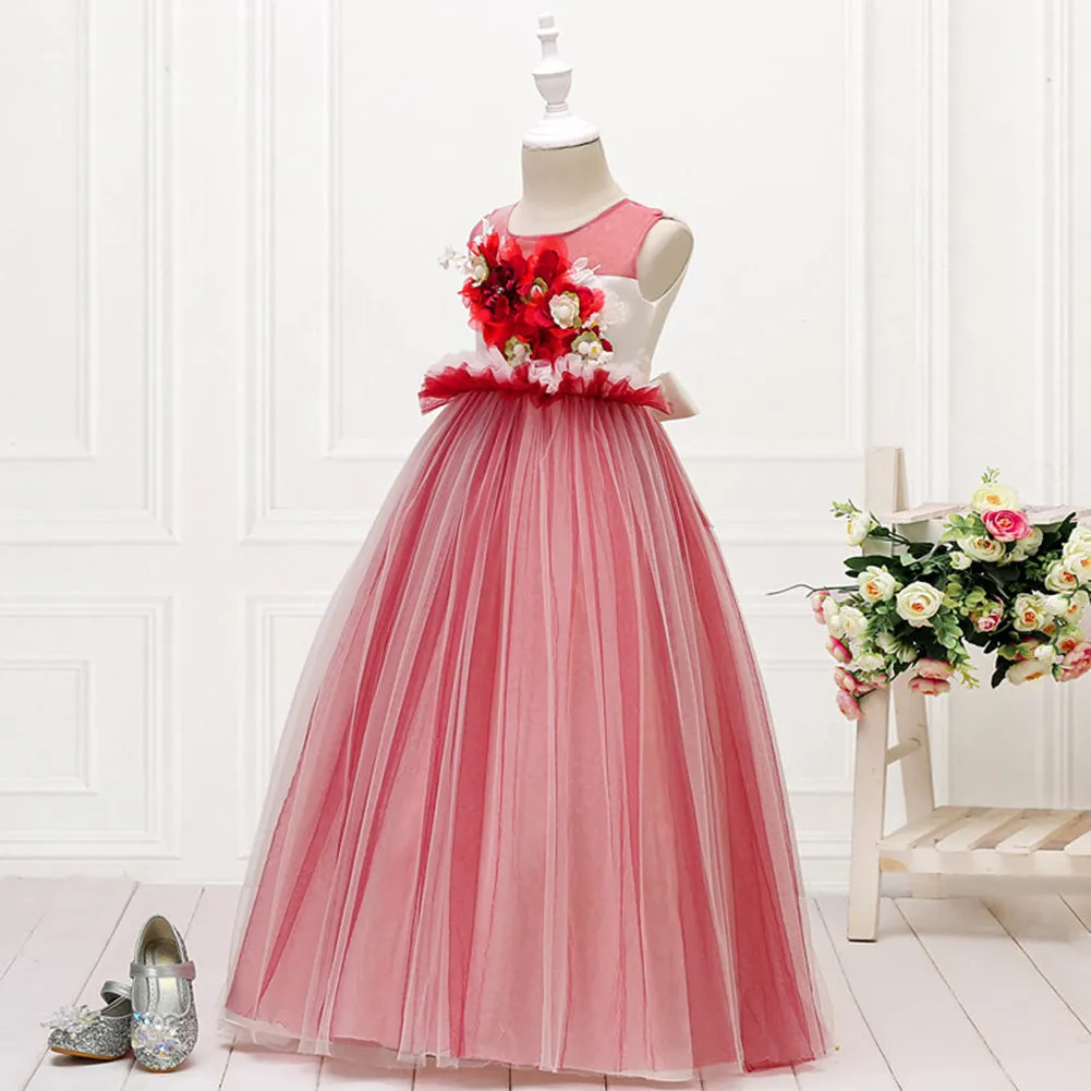Girls Sleeveless Mesh 3D Flower Girl Dress Long-style
