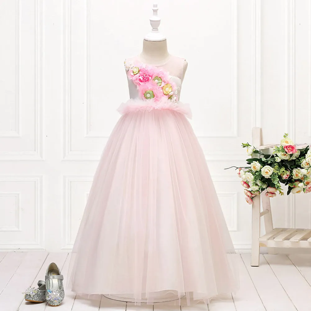 Girls Sleeveless Mesh 3D Flower Girl Dress Long-style