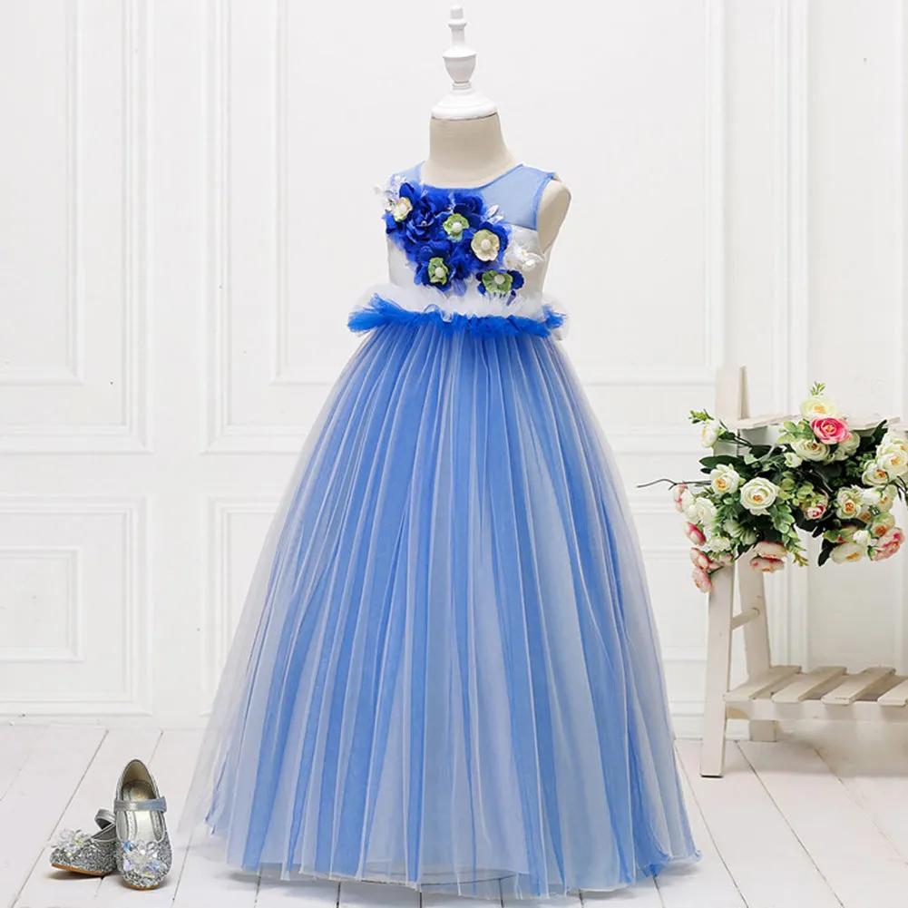Girls Sleeveless Mesh 3D Flower Girl Dress Long-style