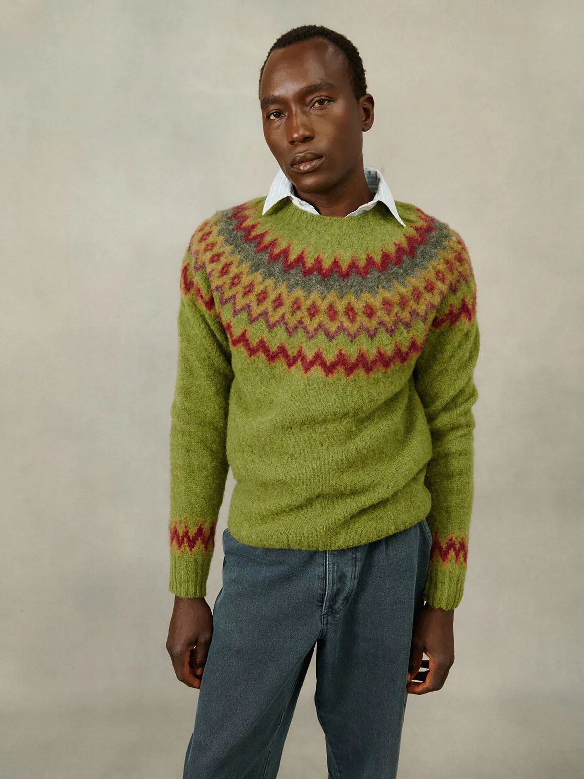 Glacier Yoke  Brushed Fair Isle Men's Sweater - Olive Grove Green