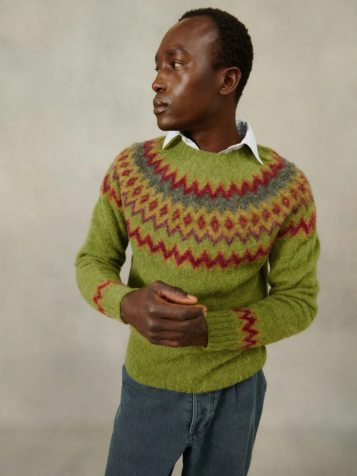 Glacier Yoke  Brushed Fair Isle Men's Sweater - Olive Grove Green