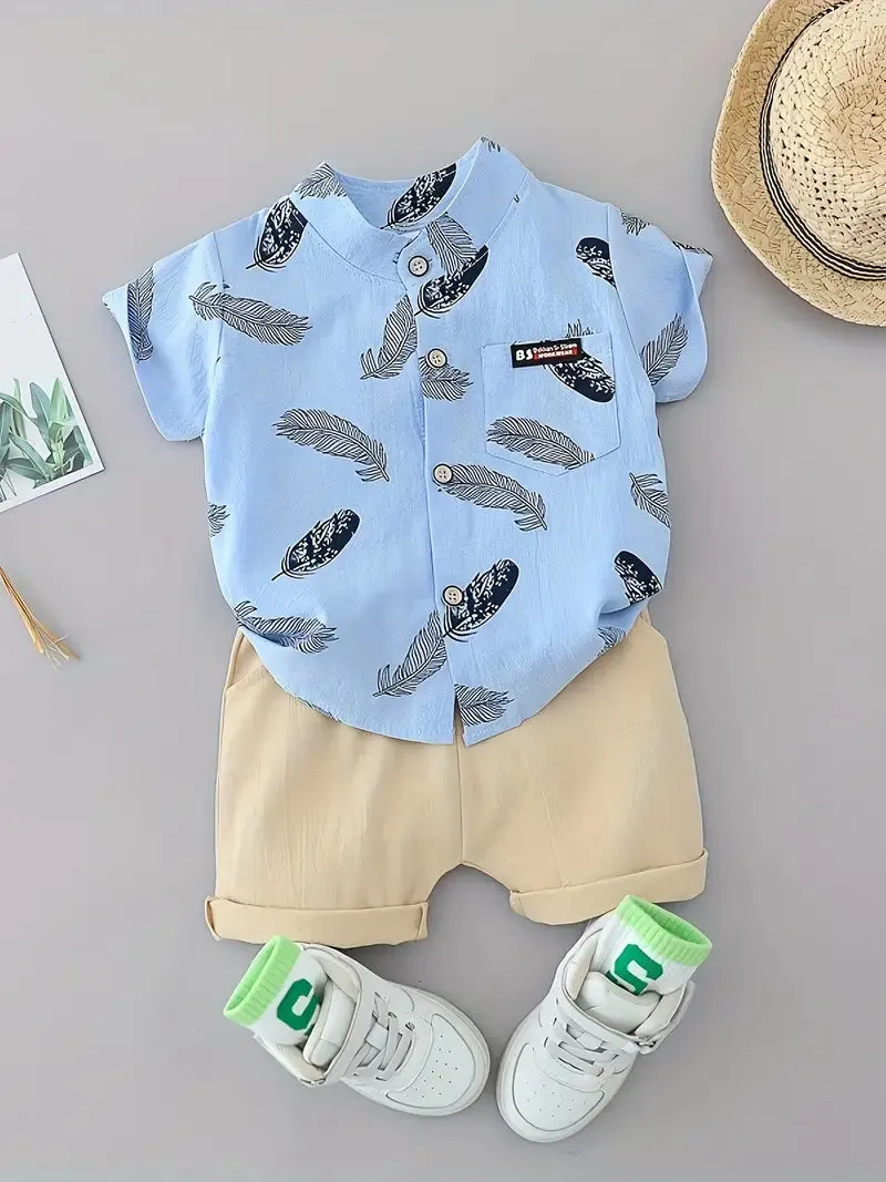 GlistenSport Toddler Summer Feather Print Shirt Shorts Set