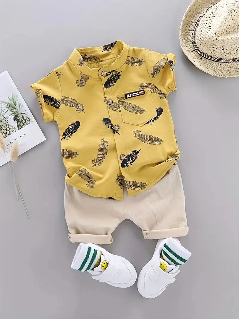GlistenSport Toddler Summer Feather Print Shirt Shorts Set