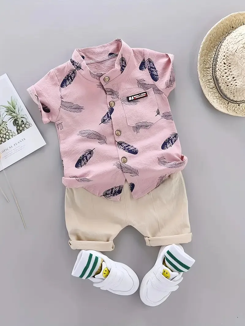 GlistenSport Toddler Summer Feather Print Shirt Shorts Set