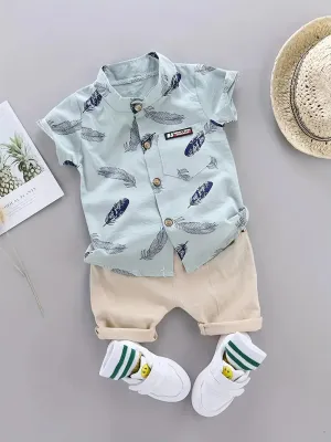 GlistenSport Toddler Summer Feather Print Shirt Shorts Set