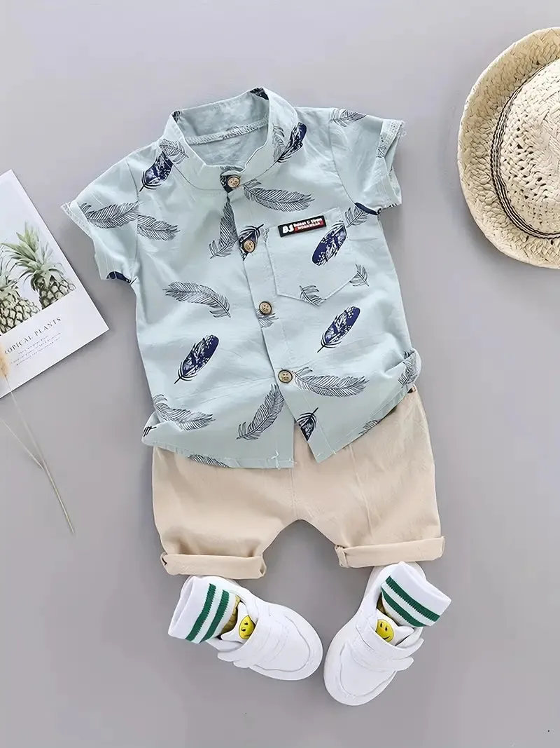 GlistenSport Toddler Summer Feather Print Shirt Shorts Set