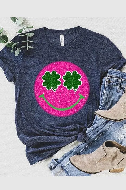 Glitter Smiley Face St Patricks Day Graphic T Shirts