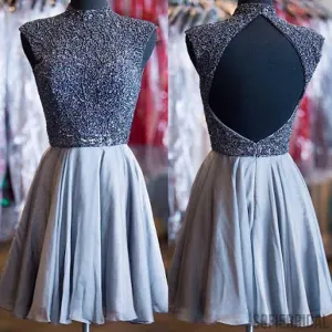 Grey beads sparkly high neck open back vintage elegant homecoming prom dress, SF0073