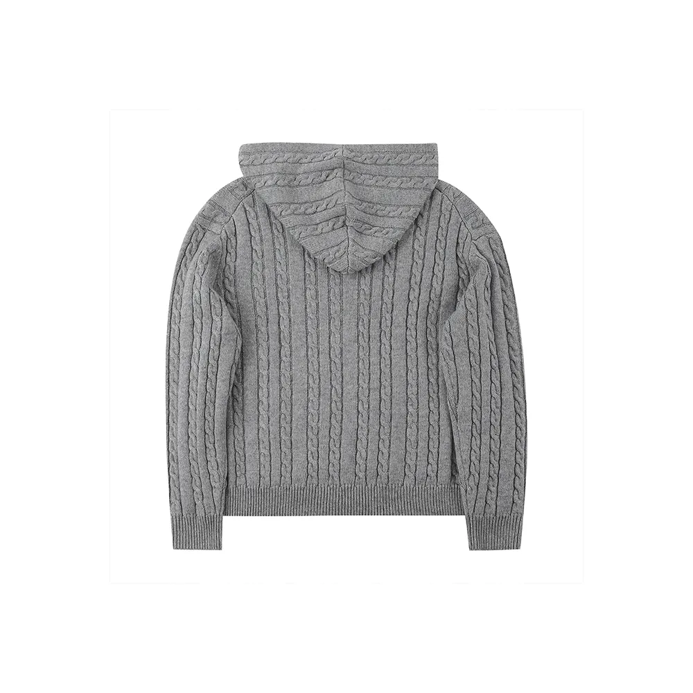 Grey Cable-Knit Hooded Cardigan
