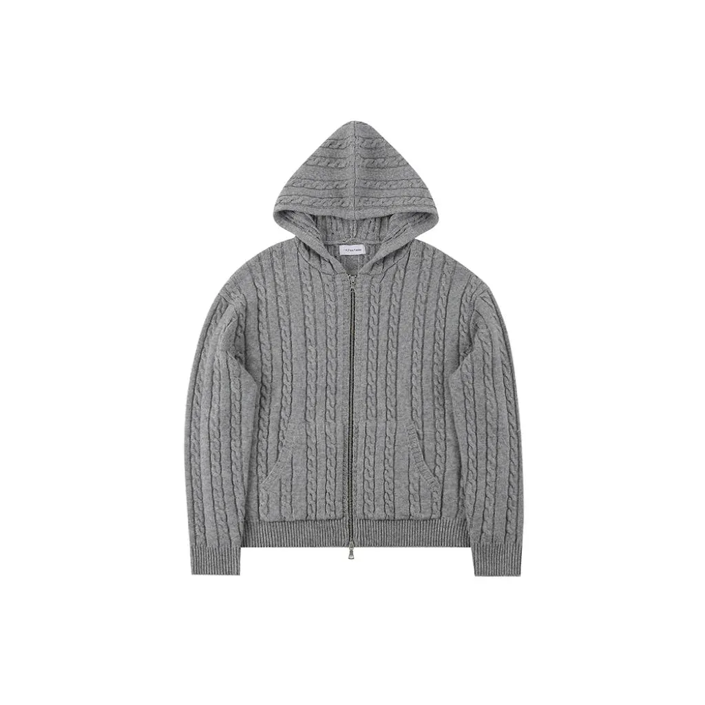 Grey Cable-Knit Hooded Cardigan